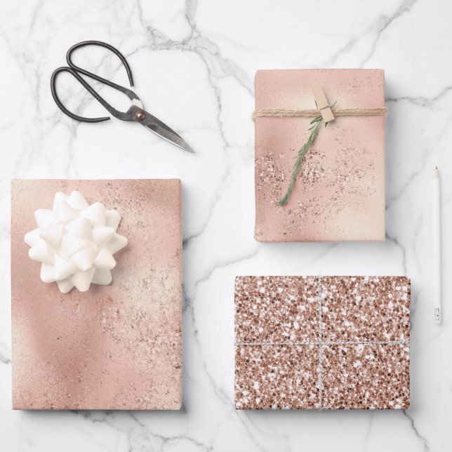 Peach Rose Gold Glitzy Glitter    Wrapping Paper Sheet (Front)