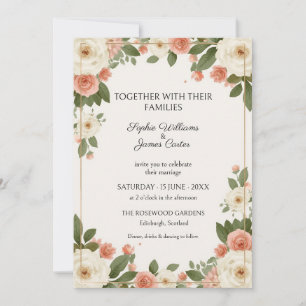Peach Rose Greenery Gold Border Wedding Invitation
