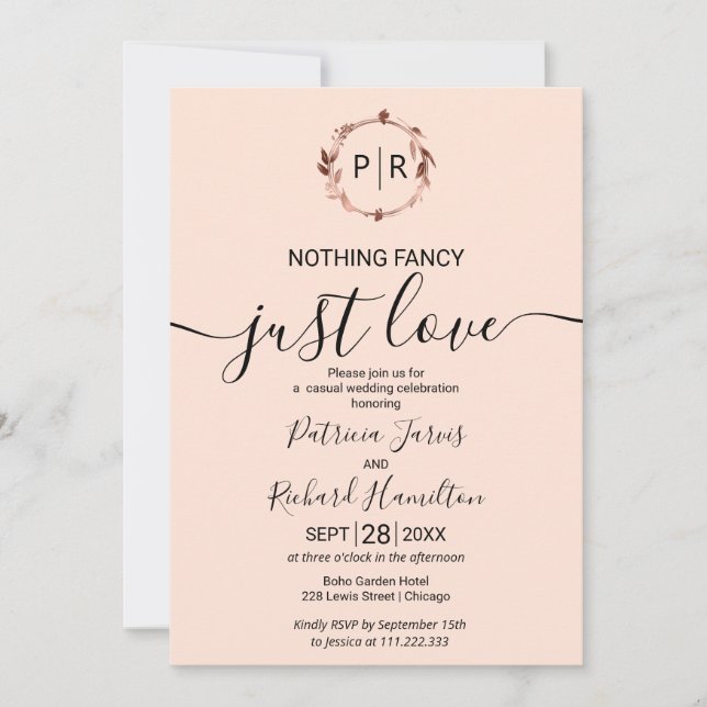 Peach Rose Monogram Calligraphy Photo Wedding Invitation (Front)