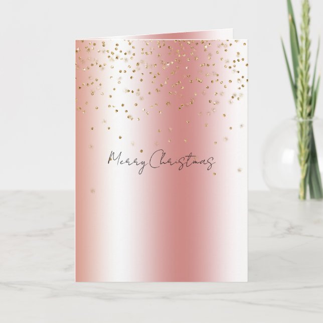 Peach Rose Ombre Gold Bokeh Glitter Christmas Card (Front)