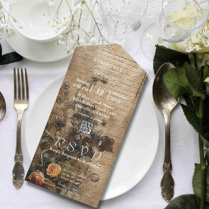 Peach Rose on Vintage Cream Background QR Code All In One Invitation