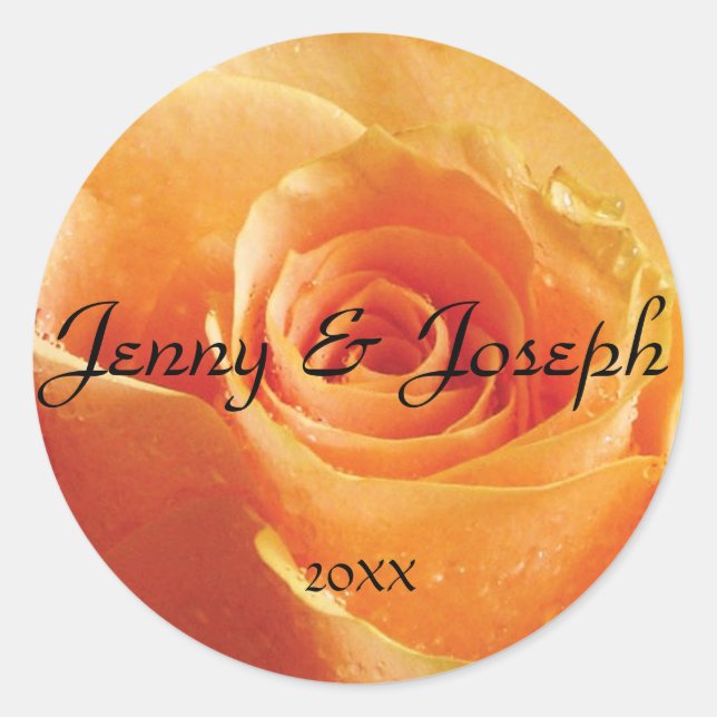 Peach Rose Personalized Round Wedding Sticker (Front)