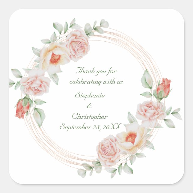 Peach Rose Pink Green Floral Gold Frame Wedding Square Sticker (Front)