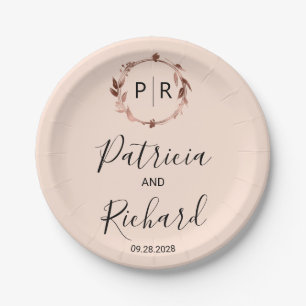 Peach Rose rose gold foil Monogram Wedding Paper Plate