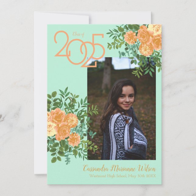 Peach Rose Vintage Teal Graduation Announcement (Front)