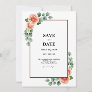 Peach Rose Watercolor Eucalyptus Border Save the  Date
