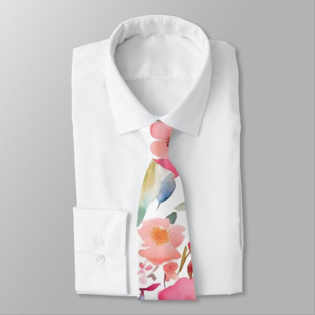 Peach & Rose Watercolor Floral Necktie (Tied)