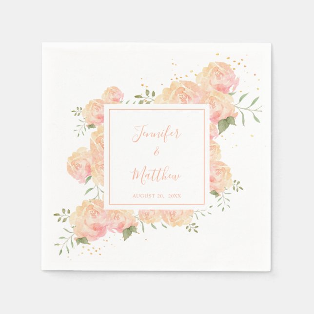 Peach Rose | Watercolor Floral Wedding Napkins (Front)