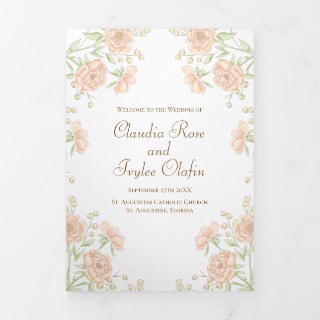 Peach Rose Wedding Programs Tri-Fold Programme (Cover)