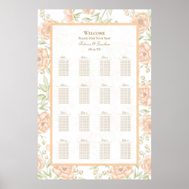 Peach Rose Wedding Seating Chart (Front)