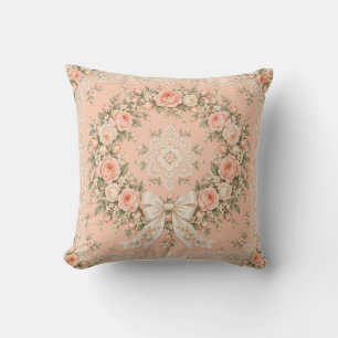 Peach Rose Wreath Bow Lace Border Throw Pillow