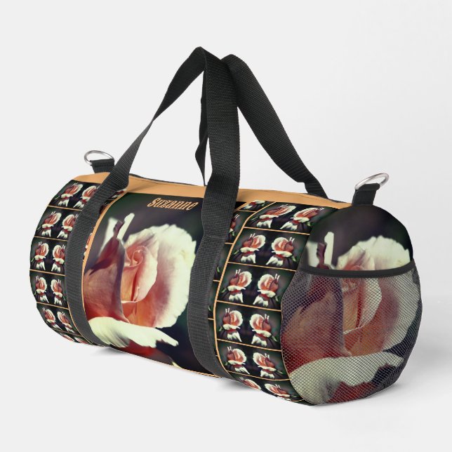 Peach Rosebud Flower Mirror Pattern Personalized Duffle Bag (Right Corner)
