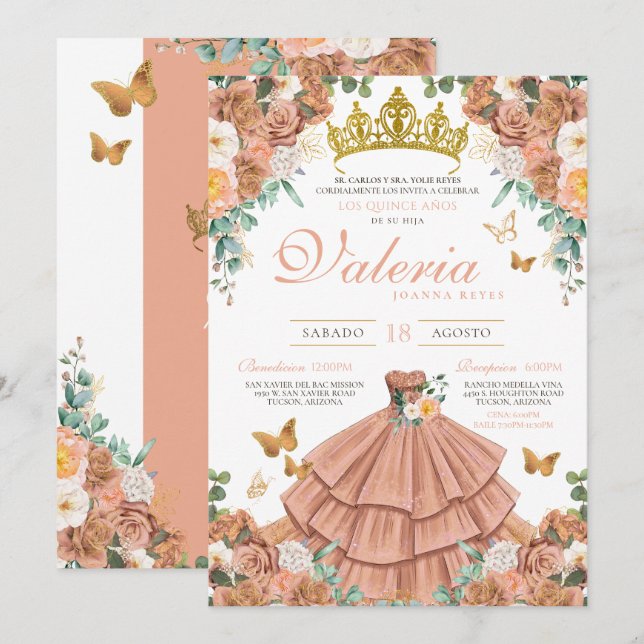Peach Rosegold Blush Butterfly Quinceanera  Invitation (Front/Back)