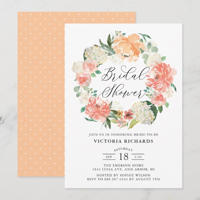 Peach Roses and Hydrangeas Wreath Bridal Shower Invitation (Front/Back)