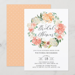 Peach Roses and Hydrangeas Wreath Bridal Shower Invitation