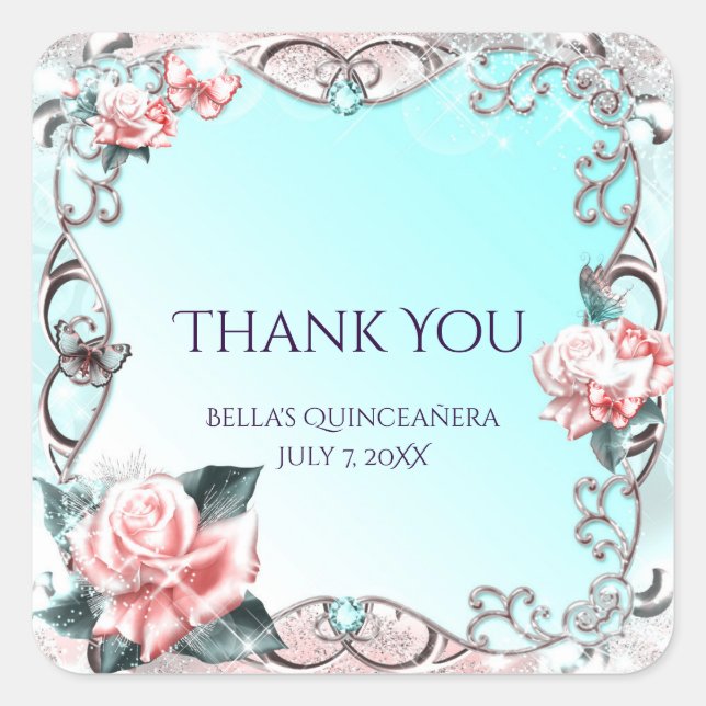 Peach Roses & Butterflies Birthday Party Favour Square Sticker (Front)