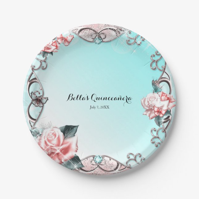 Peach Roses & Butterflies Sparkle Birthday Party Paper Plate (Front)