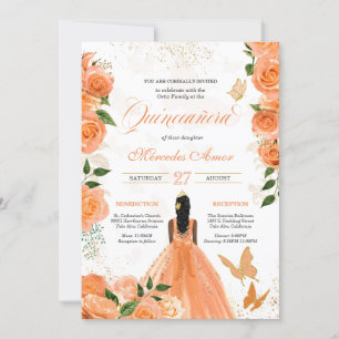 Peach Roses Butterfly Quinceanera Invitation