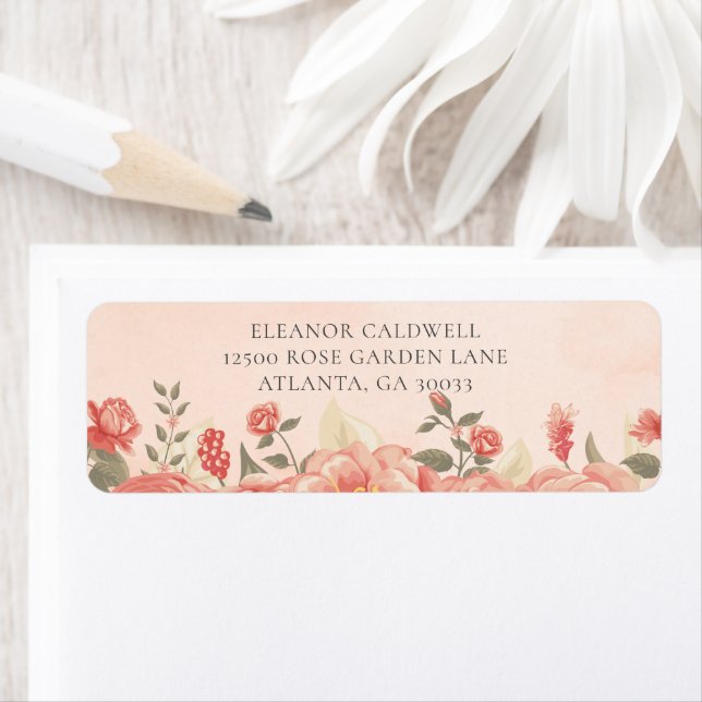 Peach Roses Coral Wedding Return Address (Insitu)
