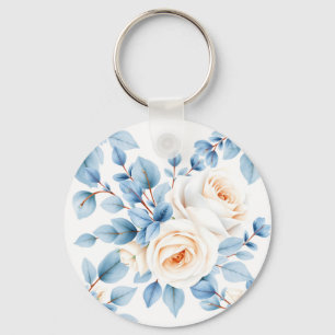 Peach Roses Dusty Blue Eucalyptus Pattern Keychain