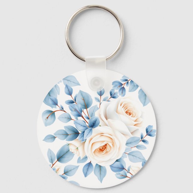 Peach Roses Dusty Blue Eucalyptus Pattern Keychain (Front)