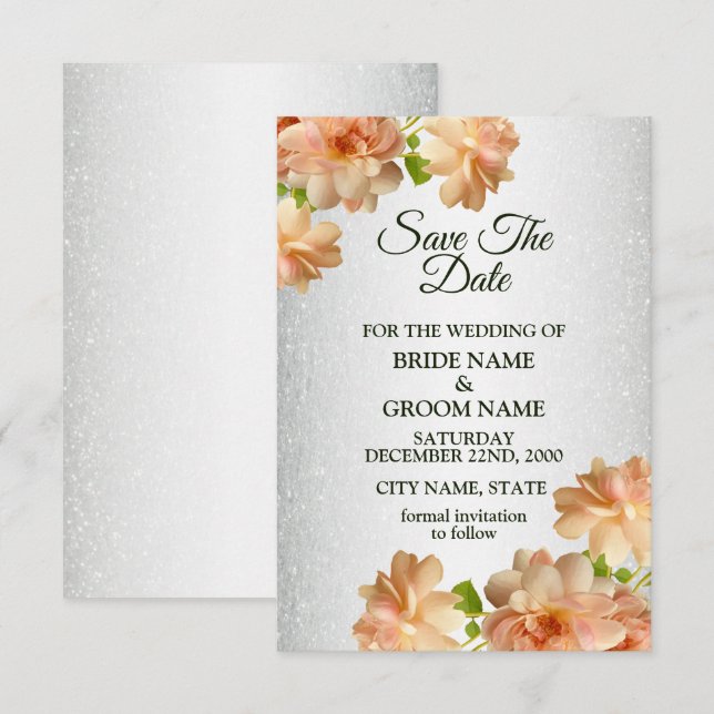Peach Roses Floral Silver Glitter Elegant Wedding Save The Date (Front/Back)