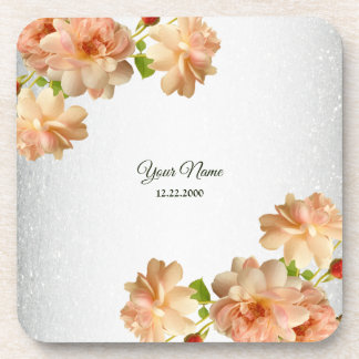 Peach Roses Floral Silver Glitter Wedding Party Coaster