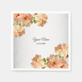 Peach Roses Floral Silver Glitter Wedding Party Napkin