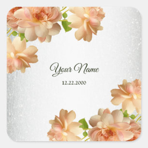 Peach Roses Floral Silver Glitter Wedding Party Square Sticker