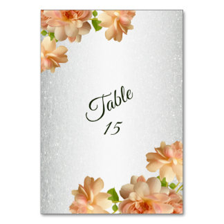 Peach Roses Floral Silver Glitter Wedding Party Table Number