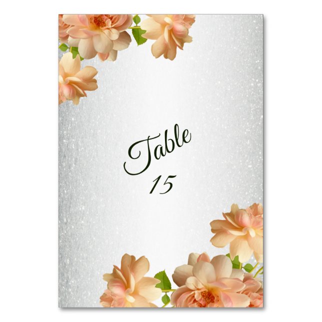 Peach Roses Floral Silver Glitter Wedding Party Table Number (Front)