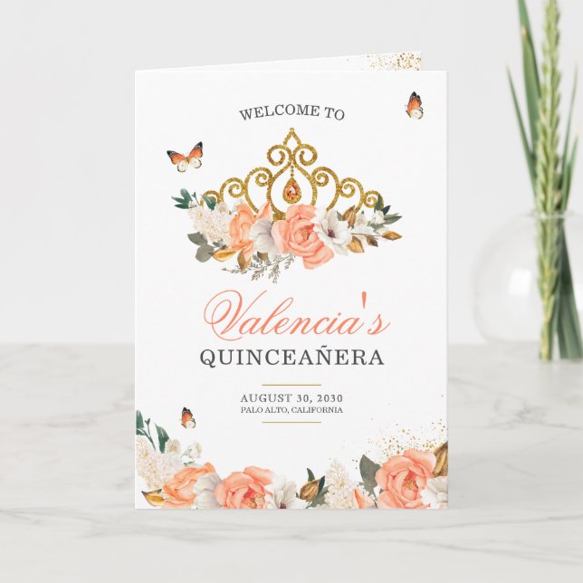 Peach Roses Gold Tiara Butterfly Quinceanera Program (Front)