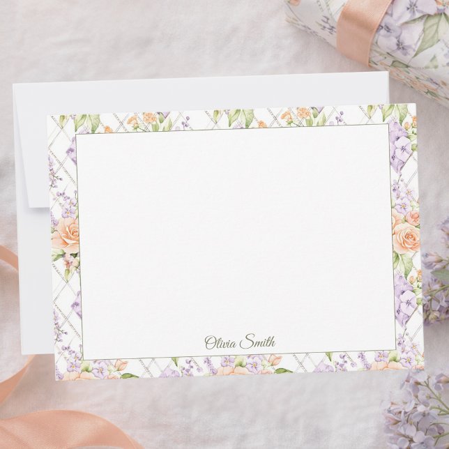 Peach Roses Lavendar Cottagecore Name Note Card (Creator Uploaded)