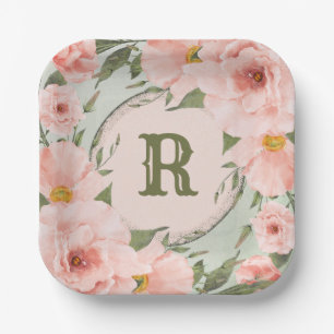 Peach Roses on Sage Green Personalized Paper Plate