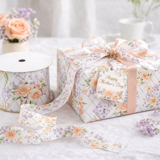Peach Roses Purple Cottagecore Floral Pattern Satin Ribbon