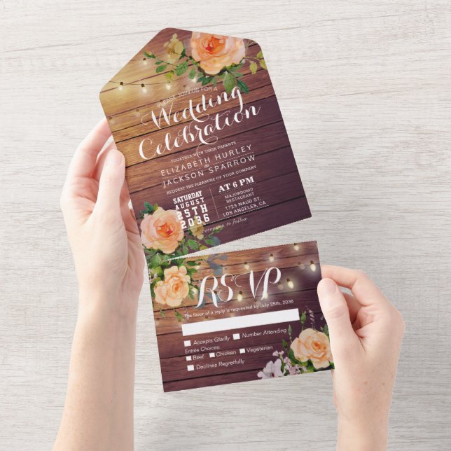Peach Roses Rustic Wood String Lights Wedding RSVP All In One Invitation (Tearaway)