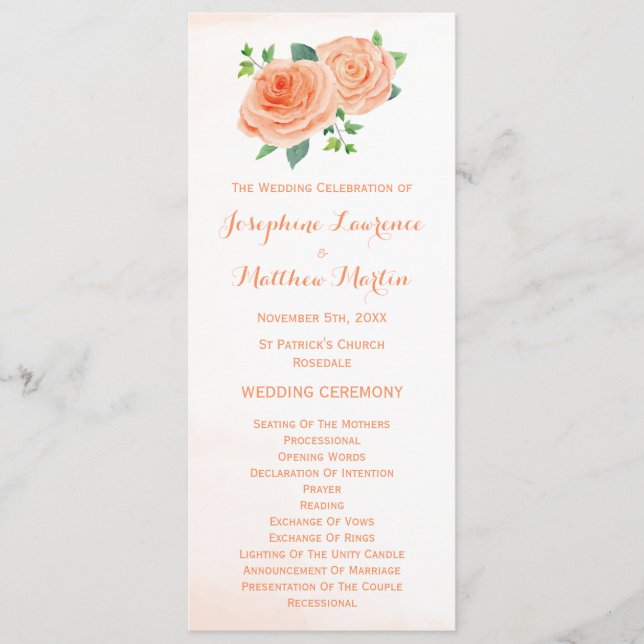 Peach Roses Watercolor Wedding Programs (Front)