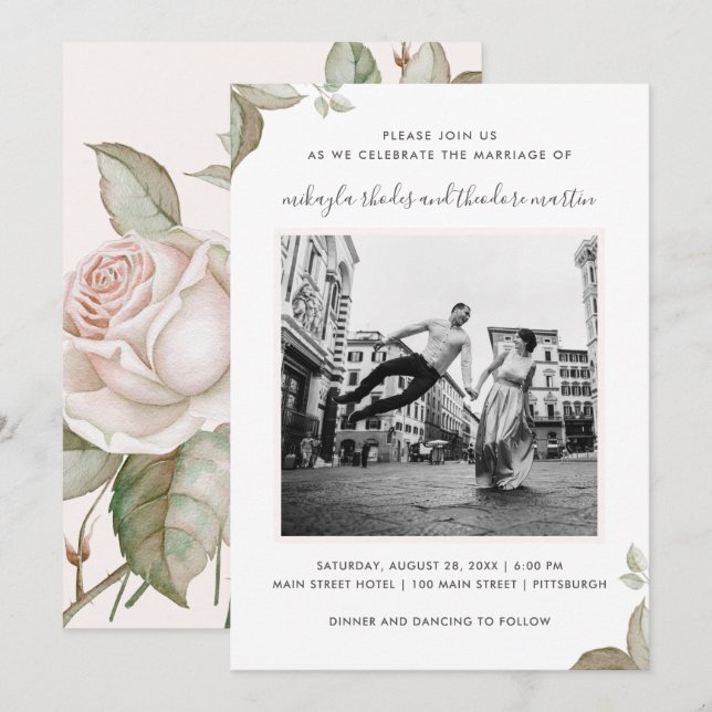Peach Roses Wedding Photo Invitation (Front/Back)