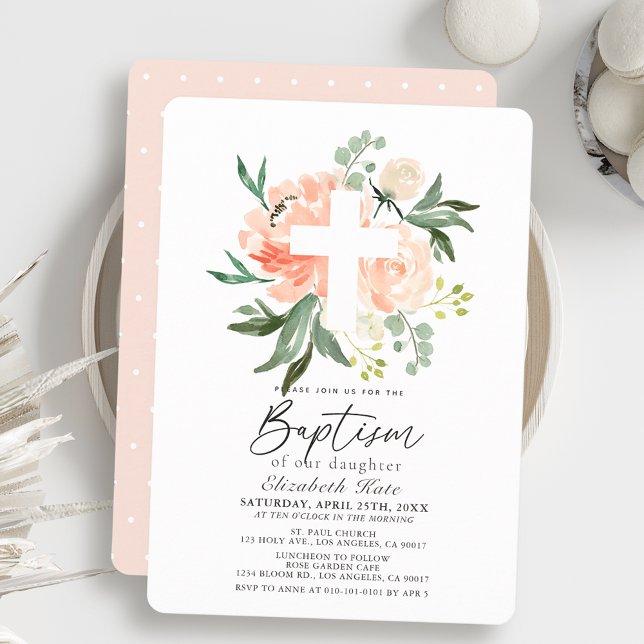 Peach Roses White Cross Girl Baptism Invitation (Creator Uploaded)