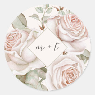 Peach Roses with Monograms Wedding Classic Round Sticker