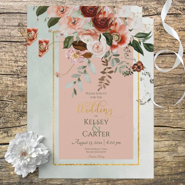 Peach & Rust Flowers Green Watercolor Wedding Invitation (Creator Uploaded)