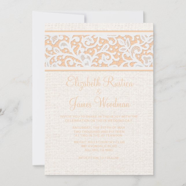 Peach Rustic Burlap & Linen Wedding Invitations (Front)