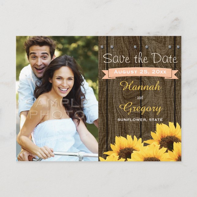 PEACH RUSTIC SUNFLOWER SAVE THE DATE POSTCARD (Front)
