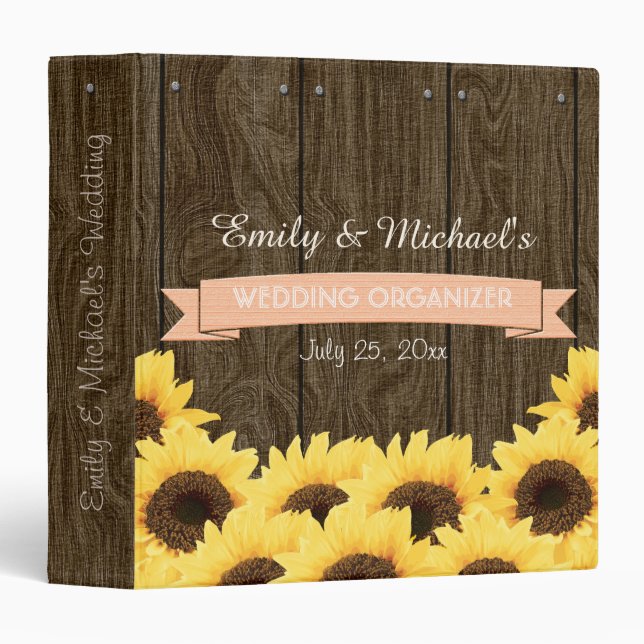 PEACH RUSTIC SUNFLOWER WEDDING ORGANIZER BINDER (Front/Spine)
