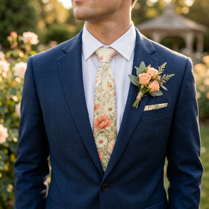 Peach & Sage Floral Meadow Romantic Spring Men's  Tie