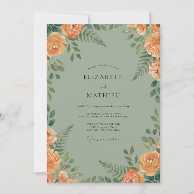Peach Sage Floral Wedding Invitation (Front)
