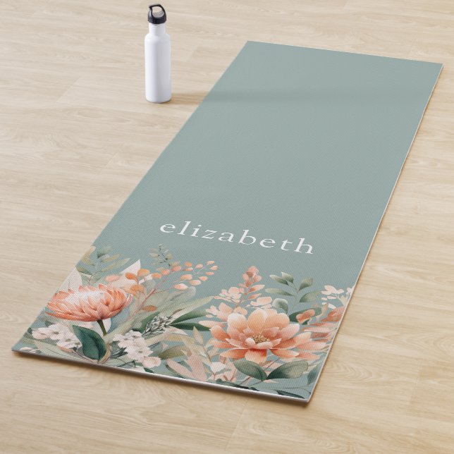 Peach Sage Green Boho Watercolor Floral  Yoga Mat (In Situ)