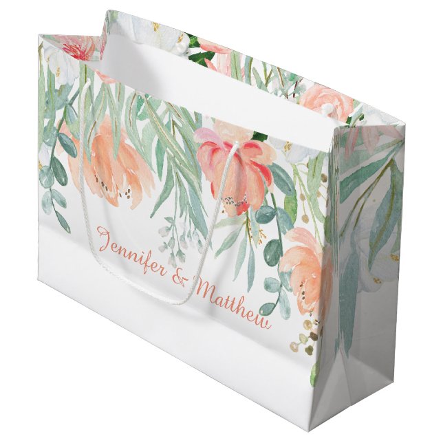 Peach Sage Green Watercolor Flowers LARGE Bags (Front Angled)