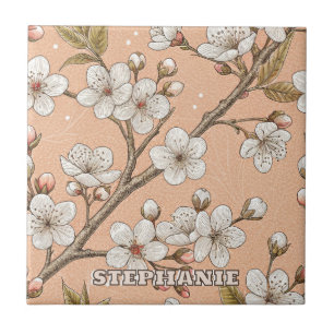 Peach Sakura Branches White Floral Botanical Tile