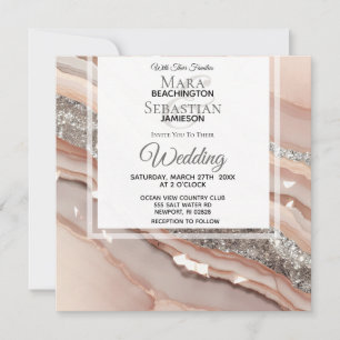 *~* Peach Salmon SILVER AGATE RSVP QR AR66 Wedding Invitation
